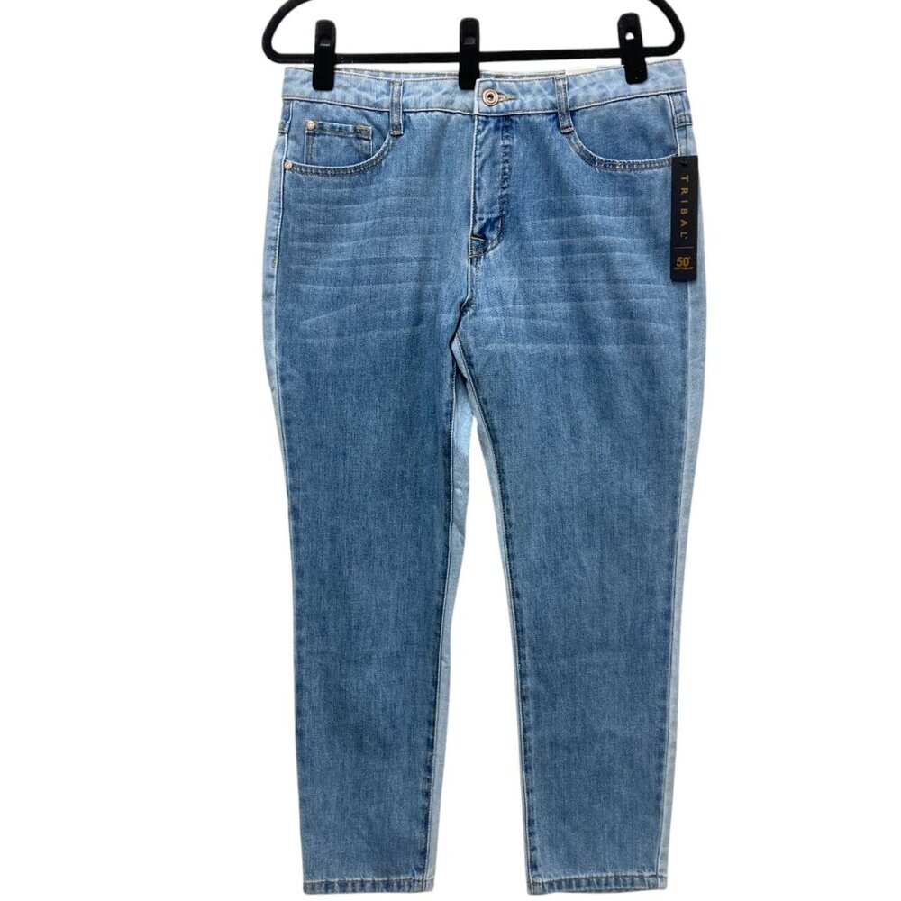Tribal Audrey Jeans, Size 8, Slim Cropped Multi-Blue Color-Block Distressed NEW